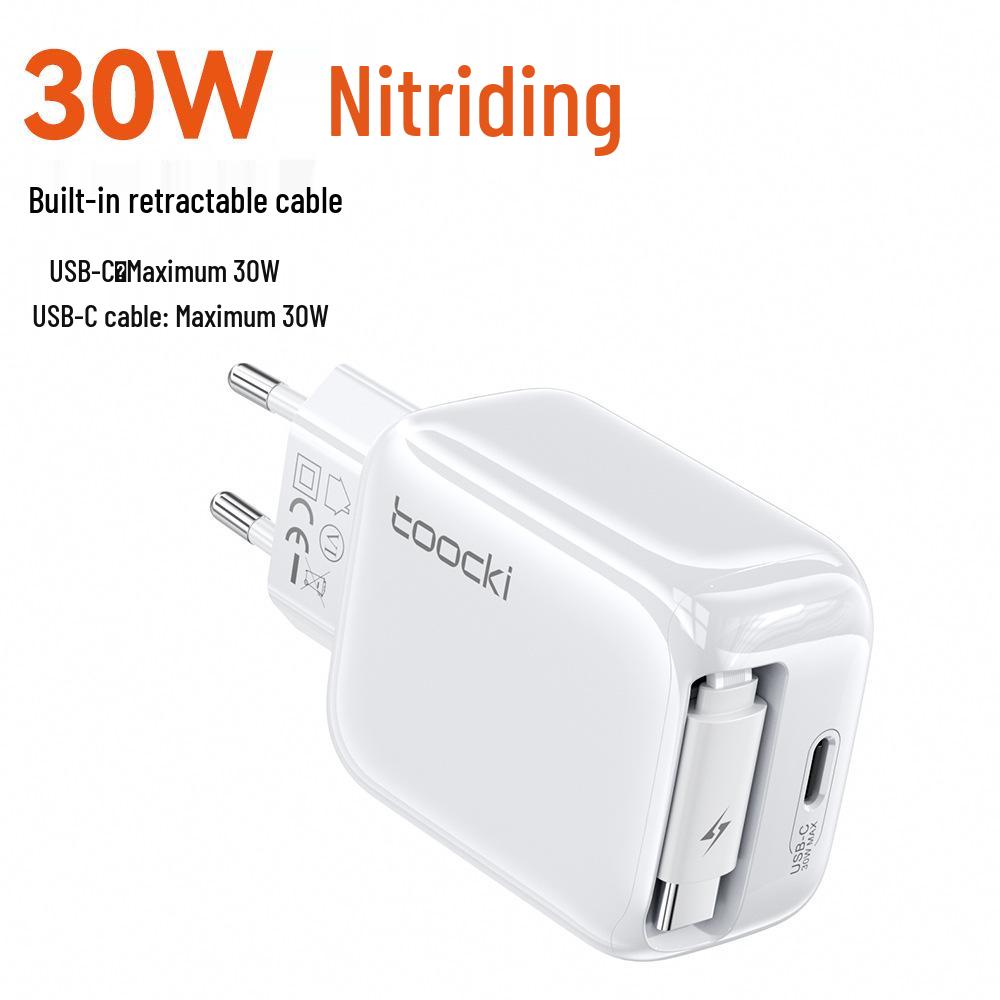 Tuqi 30W GaN Mini Folding Charger with Built-in Retractable Cable for Fast Charging Huawei & Apple Devices