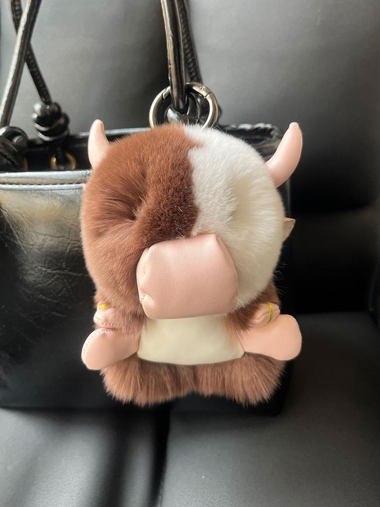Cute Real Rex Rabbit Fur Cow Keychain Korean Ins Style Fluffy Fur Pendant Plush Doll Bag Charm Accessory for Women Girls Gift