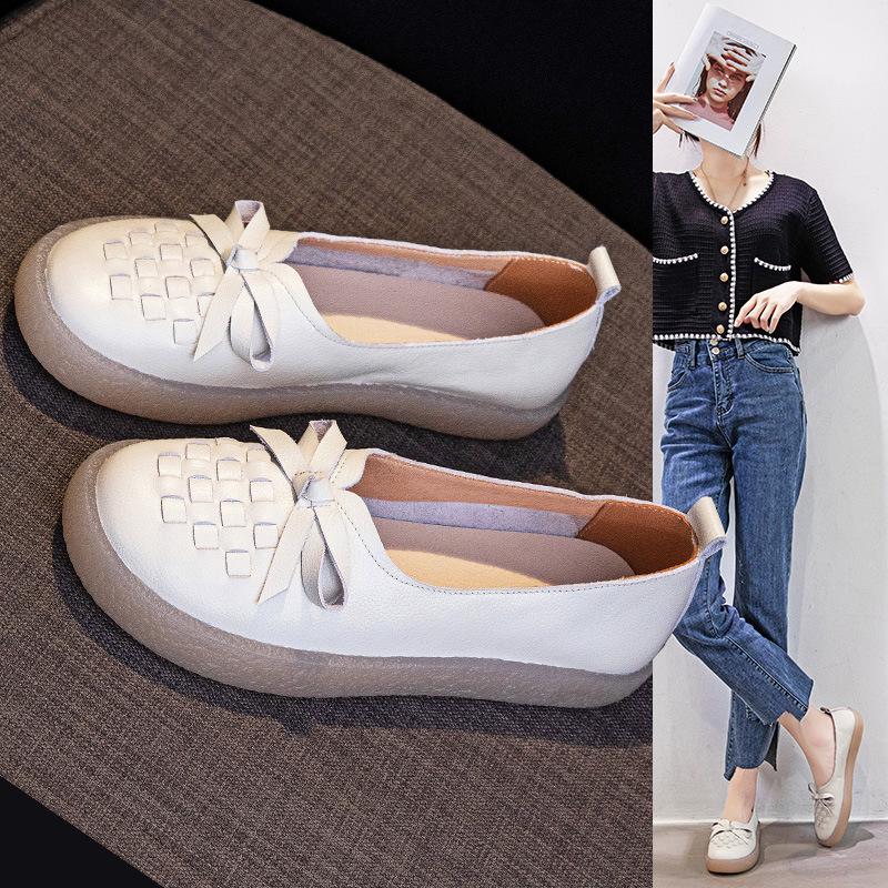 Women's White Cowhide Leather Casual Shoes - Spring/Summer 2025, Soft Jelly Sole, Flat Design