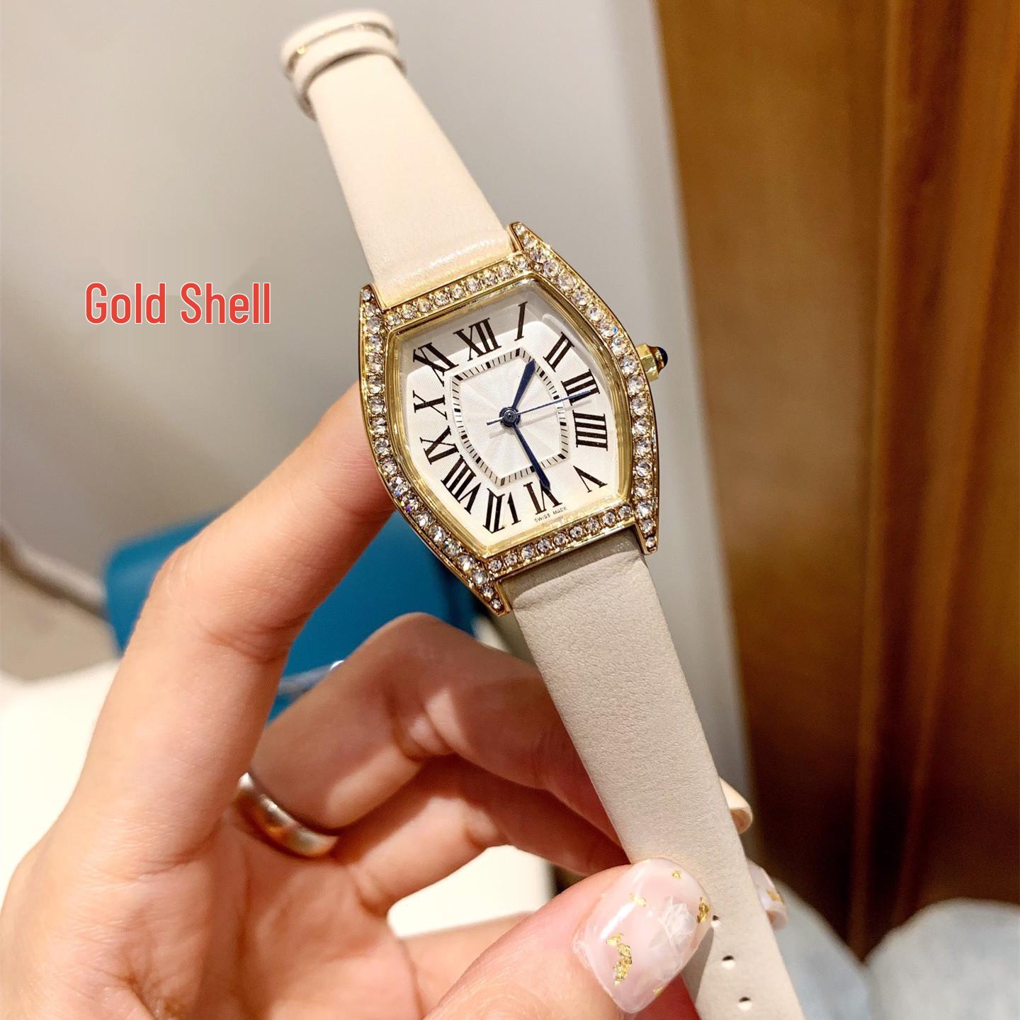 

Женские часы-бочка с бриллиантами, римскими цифрами и кожаным ремешком - Модный кварцевый дизайн