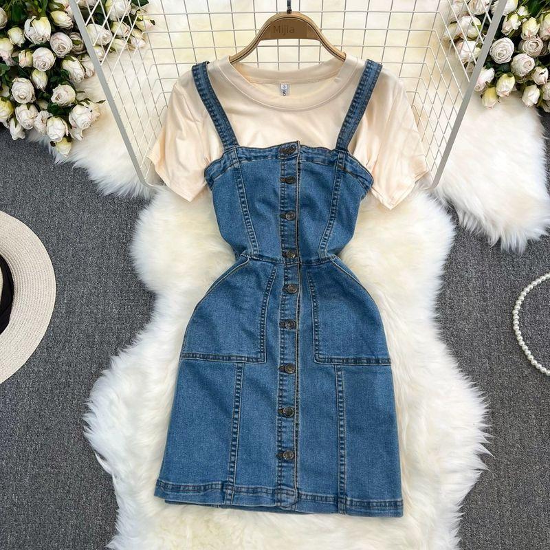 

Джинсовое платье-сарафан Женский модный эластичный комбинезон, придающий стройность, на подтяжках, короткая юбка, комплект из двух предметов, футболка с круглым вырезом свободного кроя, лето Apricot Tops + suspender skirt L