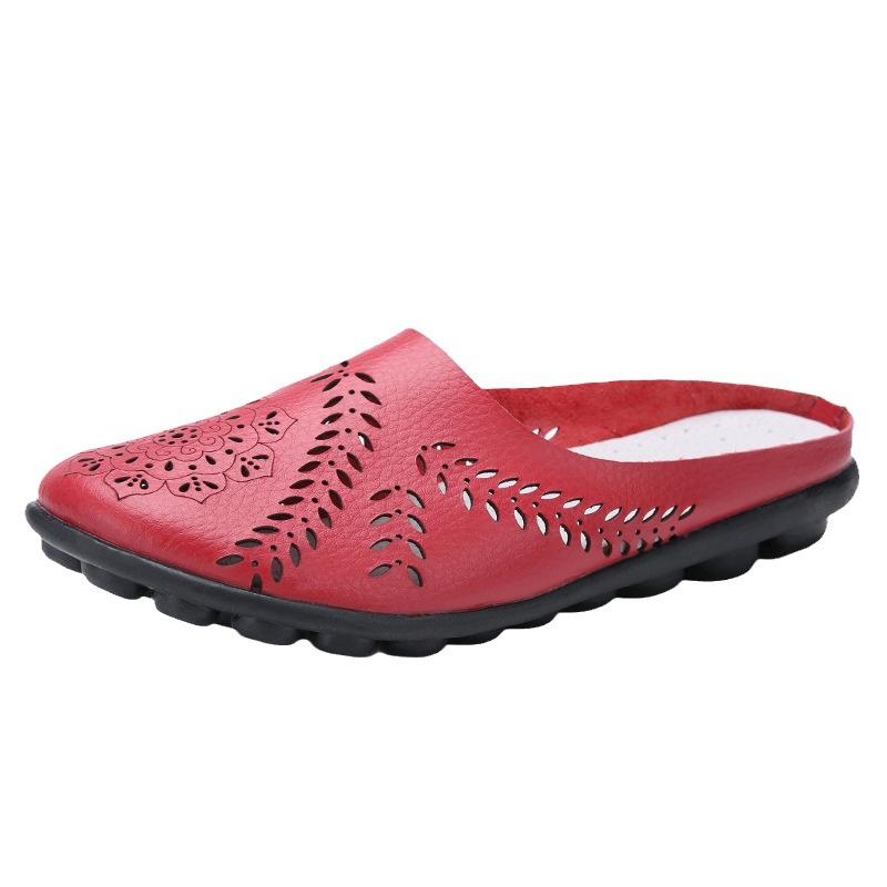 Large size hole shoes women's cowhide comfortable non-slip hollow slippers mother shoes casual home Doudou women's single shoes