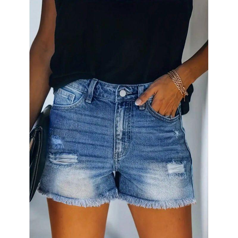 

Washed Denim Shorts Summer New Cropped Pants Women Ripped Stretch Washed Denim Super Short Shorts Blue 3 S