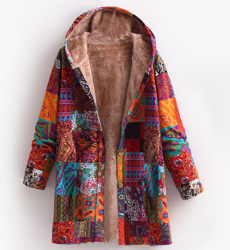 Explode the new winter women's clothing cotton and linen printed hooded sweater warm plush jacket