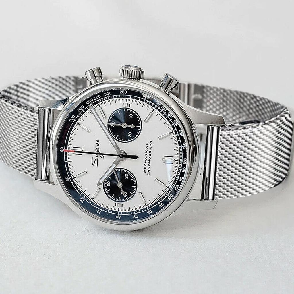 Sugess 40mm Gold SWAN Neck Milano Mesh White Panda Mechanical Chrono Chronograph Men's Watch Seagull 1963 SUPANK031SN, Silver, 40mm, Bracelet