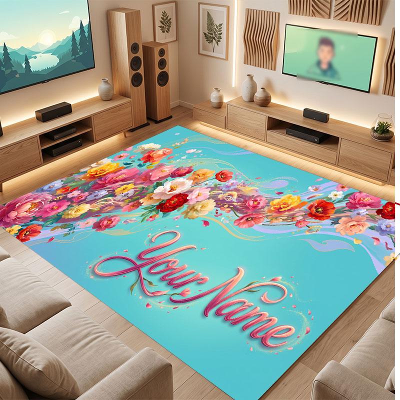 Floral Garden Theme Crystal Velvet Floor Rug Personalized Custom Name Text Warm Carpet Home Decoration