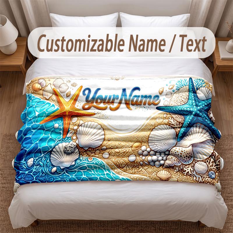 Fish Ocean Theme Soft Blanket Personalized Custom Name Text Print Warm Blanket Home Sofa Bedroom Decor