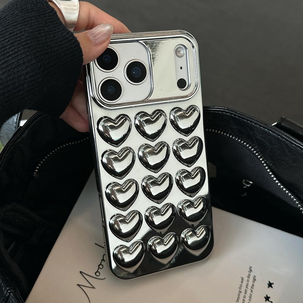 Silver 3D Heart Phone Case For iPhone 17 Air 16 15 14 13 12 11 Pro Max Electroplated Shockproof Soft Silicone Cover