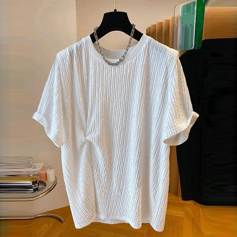 

Summer Men s Clothing Luxury Korean Popular O Collar T-shirt Streetwear Leisure Short Sleeve Solid Color Retro Fashion Textured S белый