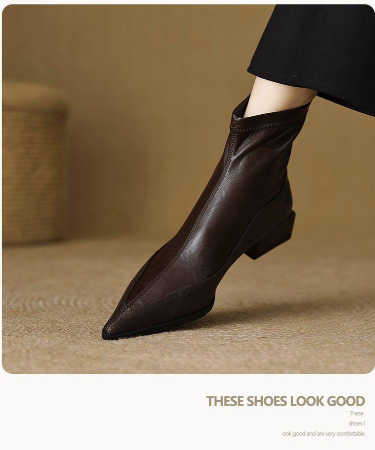 Women's Retro Brown Chelsea Boots: French Pointed Toe, Elastic Slim Fit, Chunky Low Heel, 2026 Autumn/Winter Collection