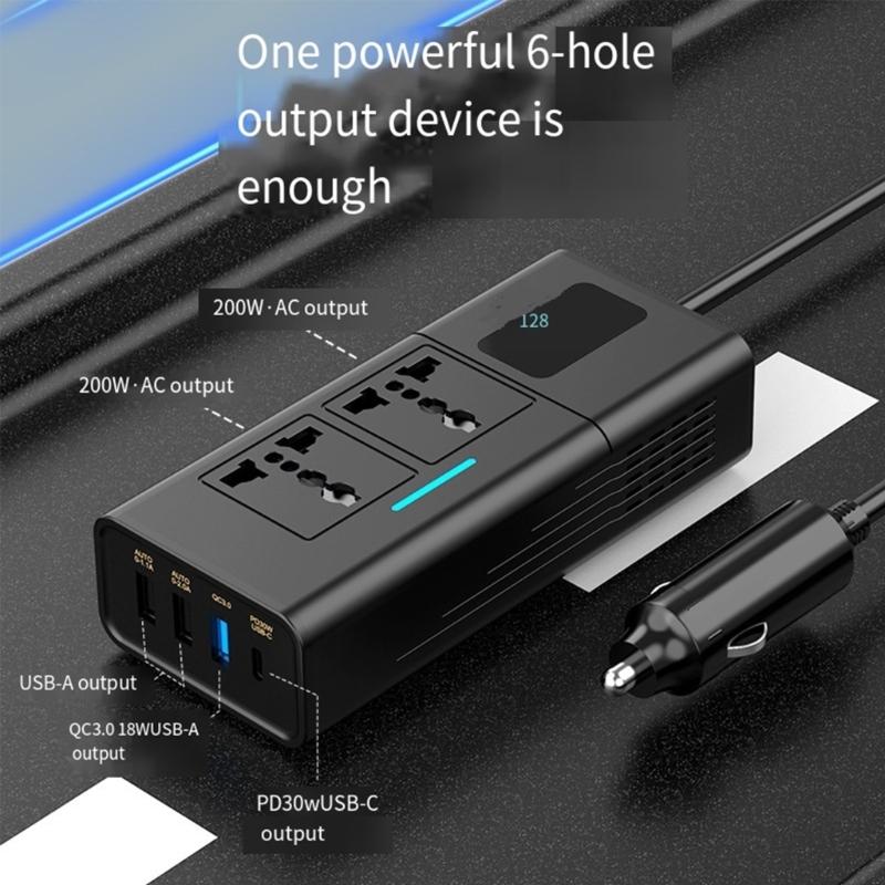 200W Car Power Inverter Car Plug Adapter Outlet Chargers DC12V To 220V Car Inverter with USB, QC3.0 USB & Type-C