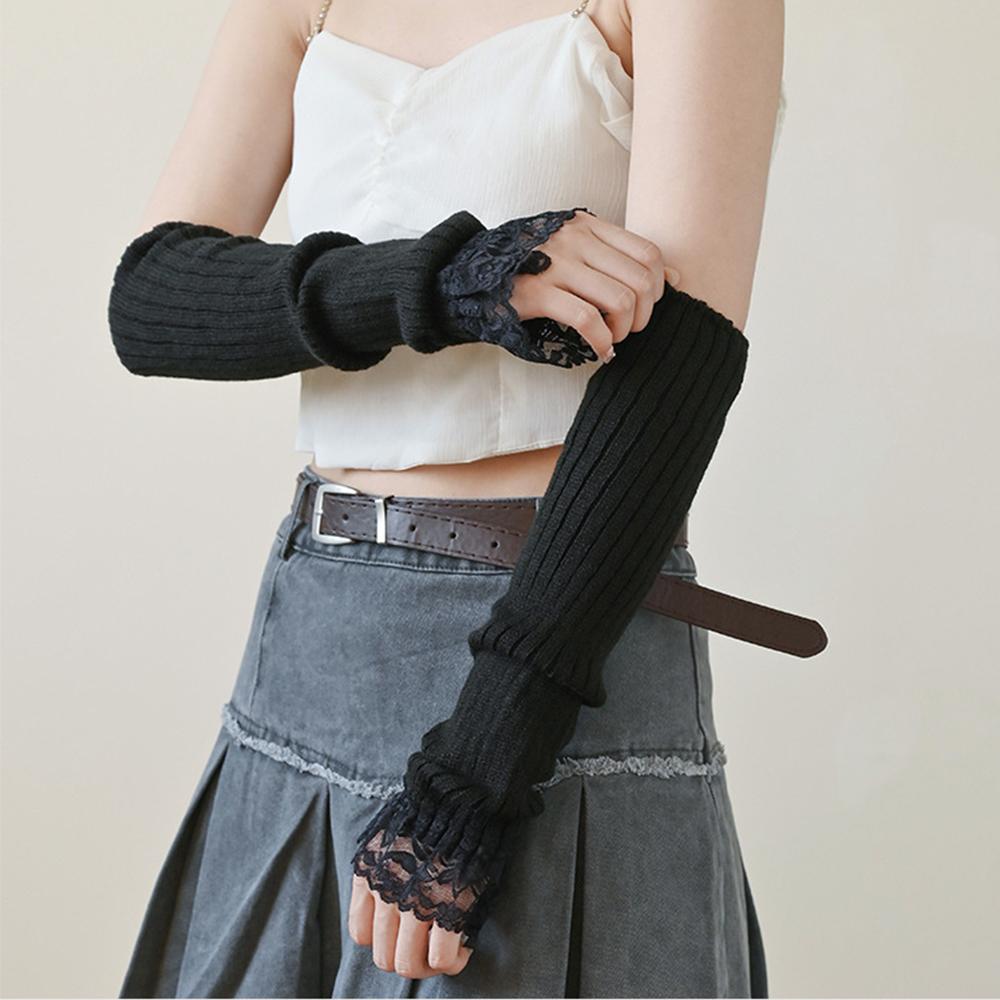 Fingerless Lace Mittens Female Anime Gloves Women Knitted Sweet Lolita Gloves Winter Arm Warmer Ankle Wrist Sleeves Harajuku Y2k