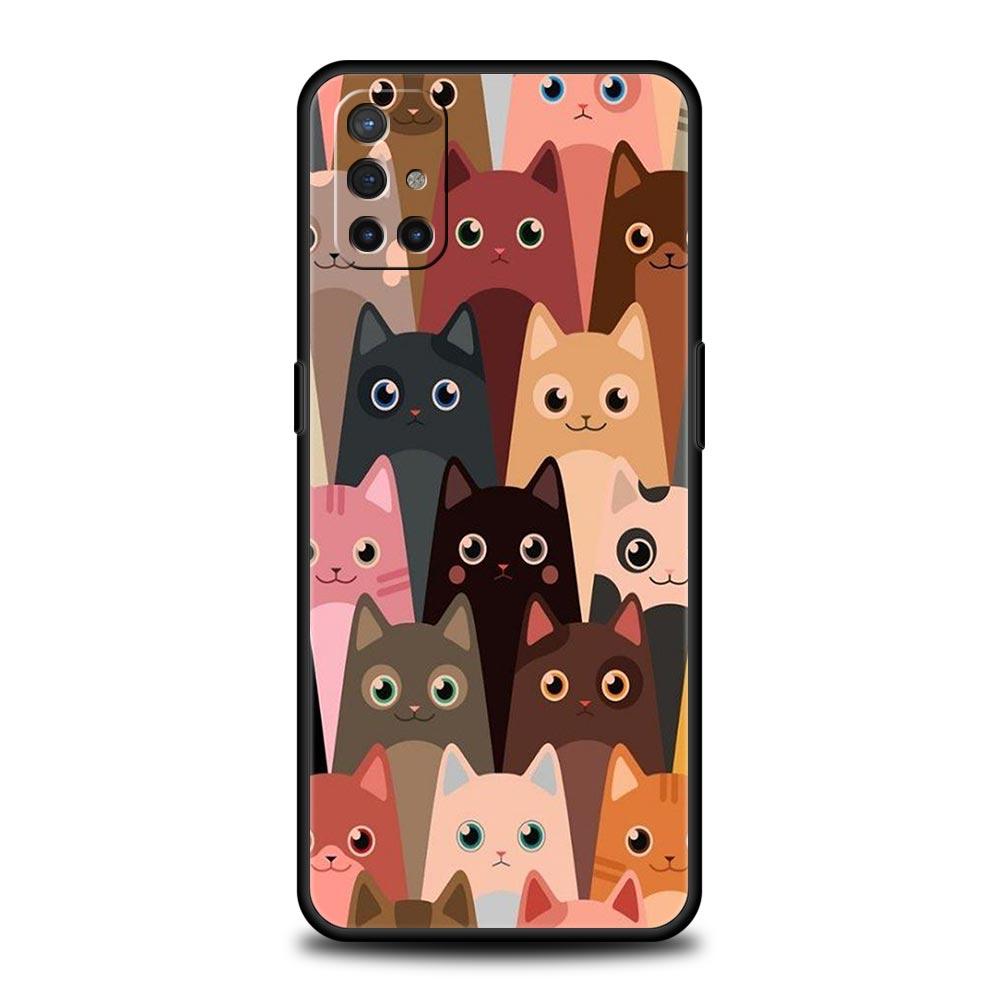 Cartoon Cats Background For OnePlus 10 Pro 9 8T 8 Nord N10 7 7T 9R Phone Case For 1+ Nord 2T CE 2 N100 N200 Z 5G Black Cover