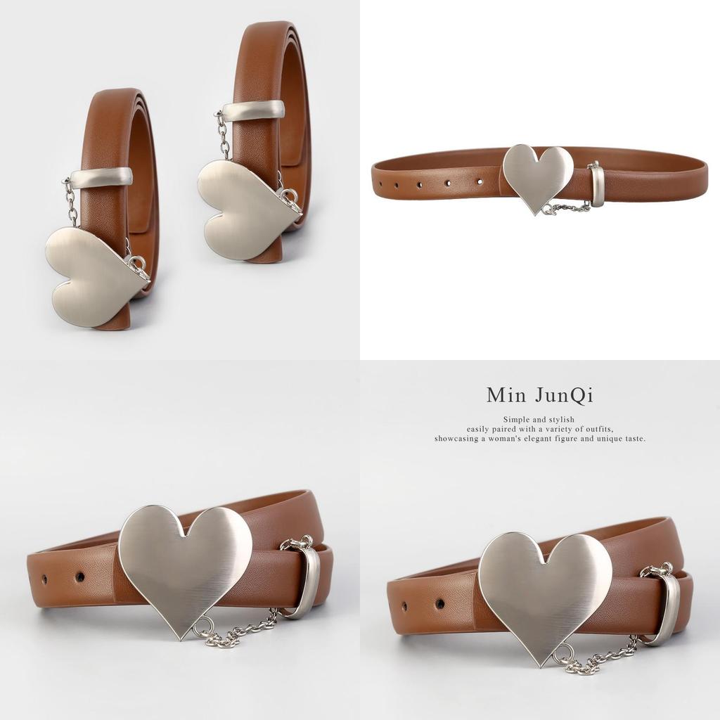 Womens Fashion Leather Belt With Heart Buckle And Chain Decor For Casual And Date Wear