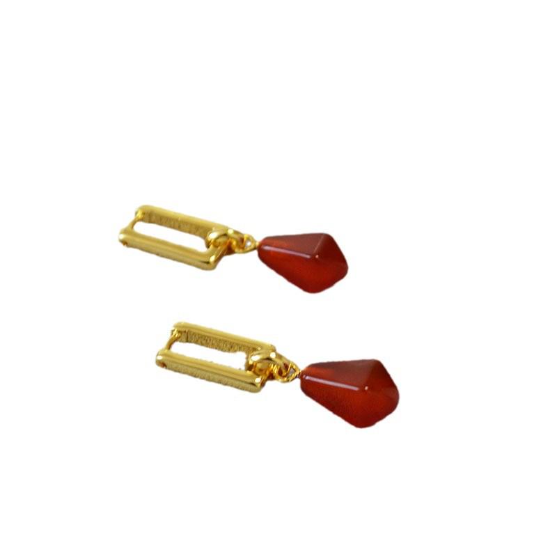 French High-End Geometric Red Agate Minimalist Earrings & Necklace Set