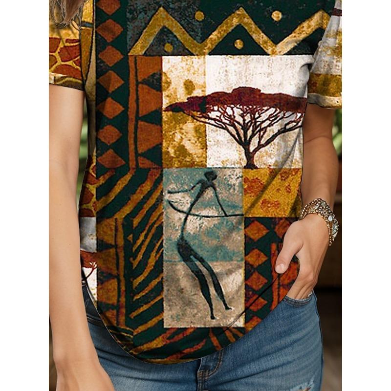 Women's T Shirt Graphic Geometric Color Block Bohemia Vintage Ethnic Short Sleeve Crew Neck Round Neck Regular Tops Daily Going out