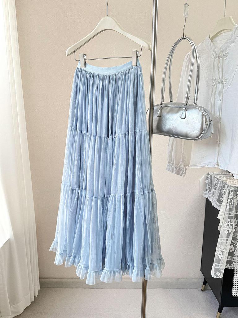 Women’s French-Style High Waist A-Line Mesh Skirt | 2026 Fairy Pleated Loose Hem