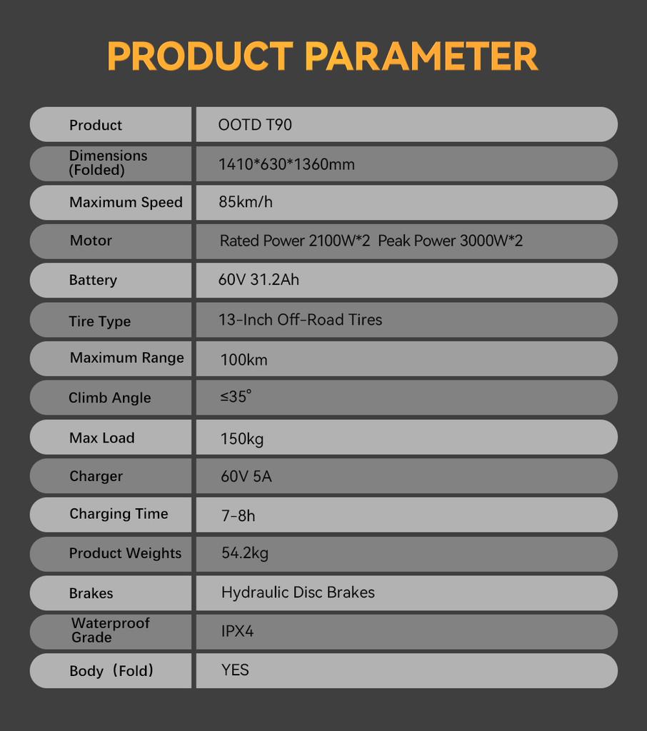 Electric Scooter Foldable OOTD T90 3000W*2 Dual Motor 85Km/h Top Speed Electric Scooter For Adult 60V 31.2AH 100Km Range