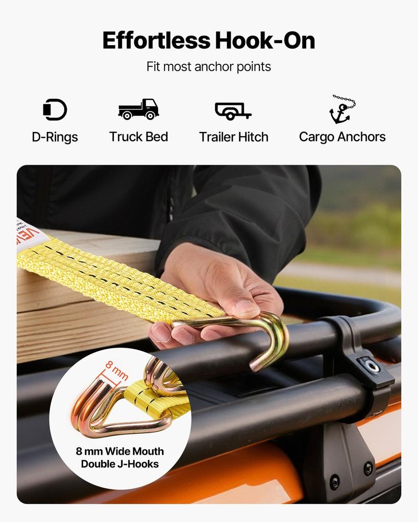 Ratchet Straps, 38.1 mm x 6.1 m, Heavy Duty Tie Down Straps with Double J Hook, 2000 kg Break Strength, Carry Bag, Tie Down Ratcheting for Moving,