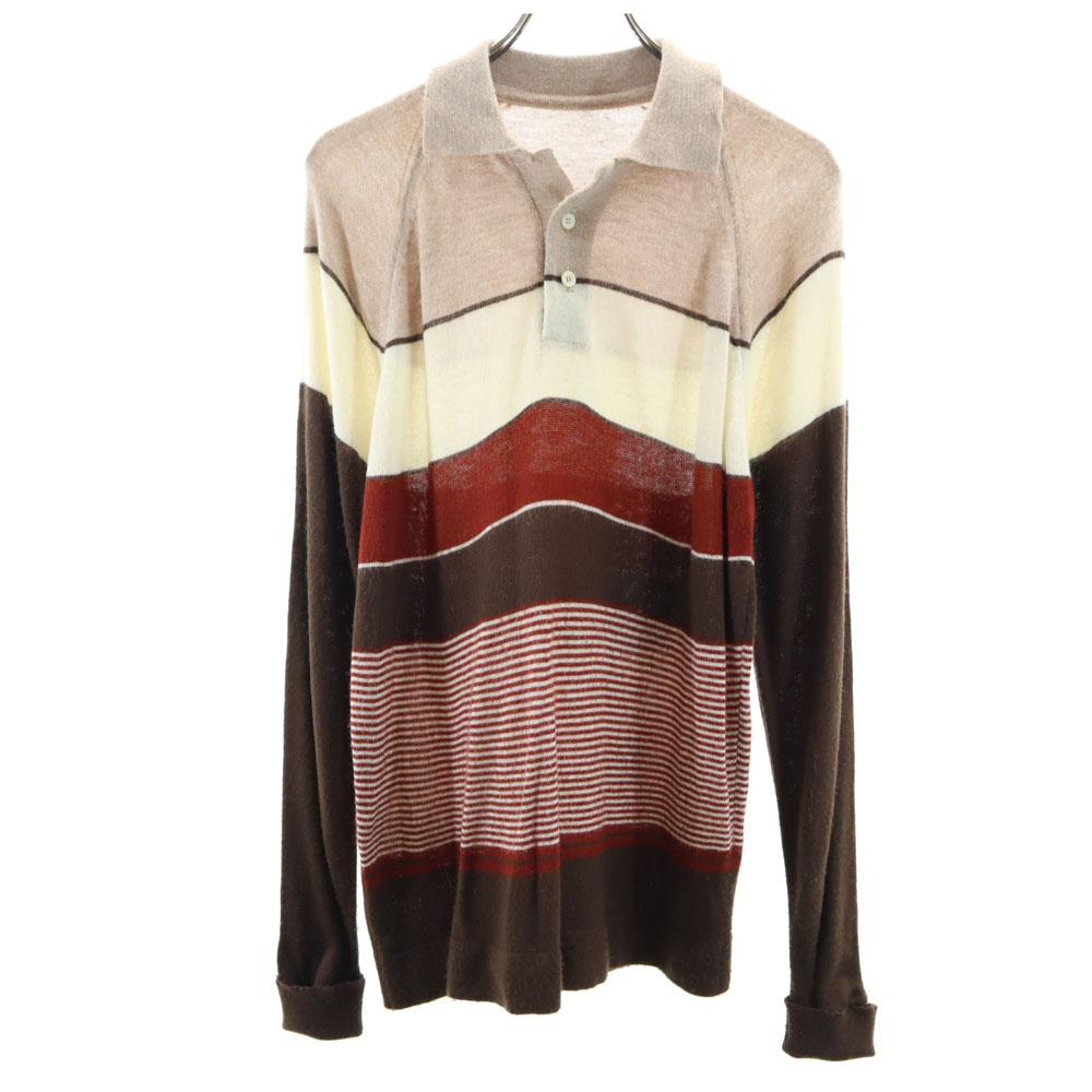 VINTAGE 70s 80s Border Pattern Long sleeve Polo sweater M Brown etc knit Men's Used