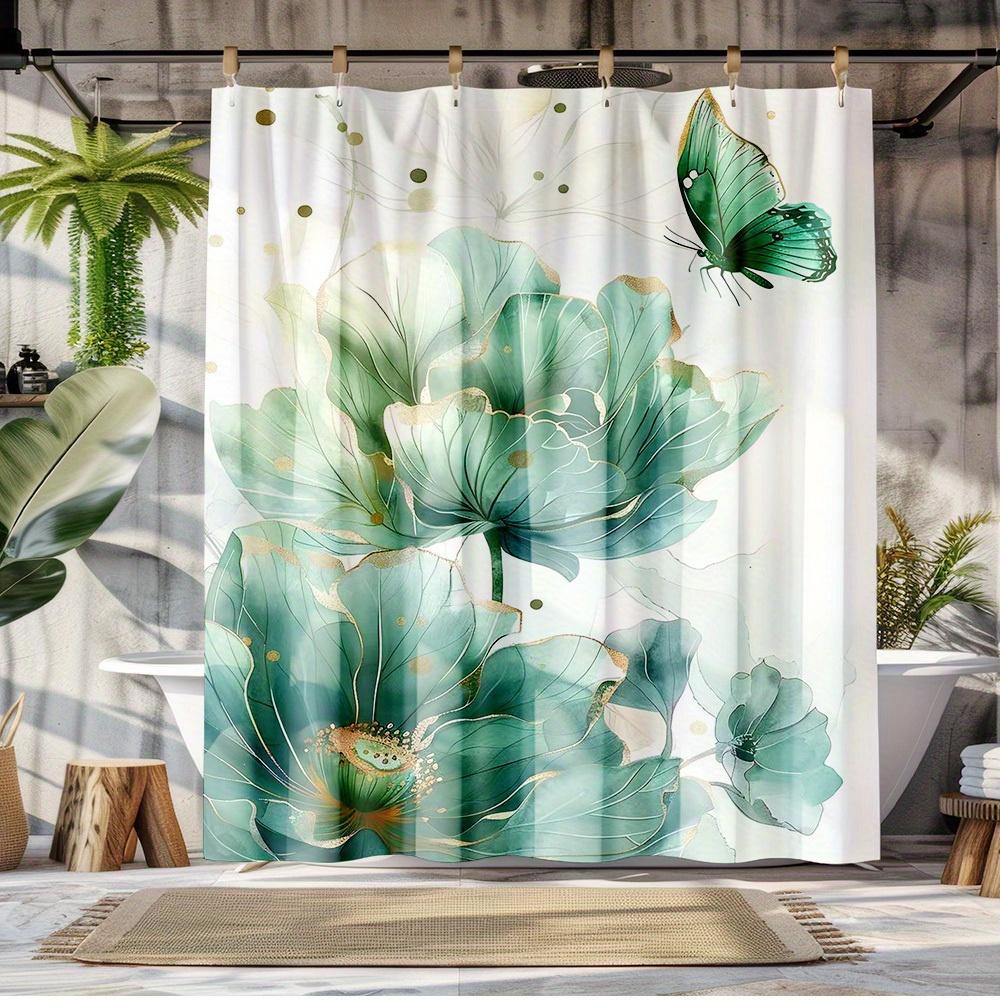 

1 Элегантная зеленая шторка для душа с бабочками-лотосами - Полиэстер, акварельный узор, машинная стирка, подходит для ванной комнаты 90X180cm