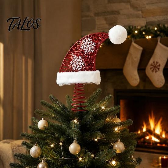 Festive Christmas Home Decor Santa Hat Tree Topper with Fluffy Pom Ball, 10 Inch Metal Dynamic Wire Treetop Ornament Spring Base for Tree, Holiday