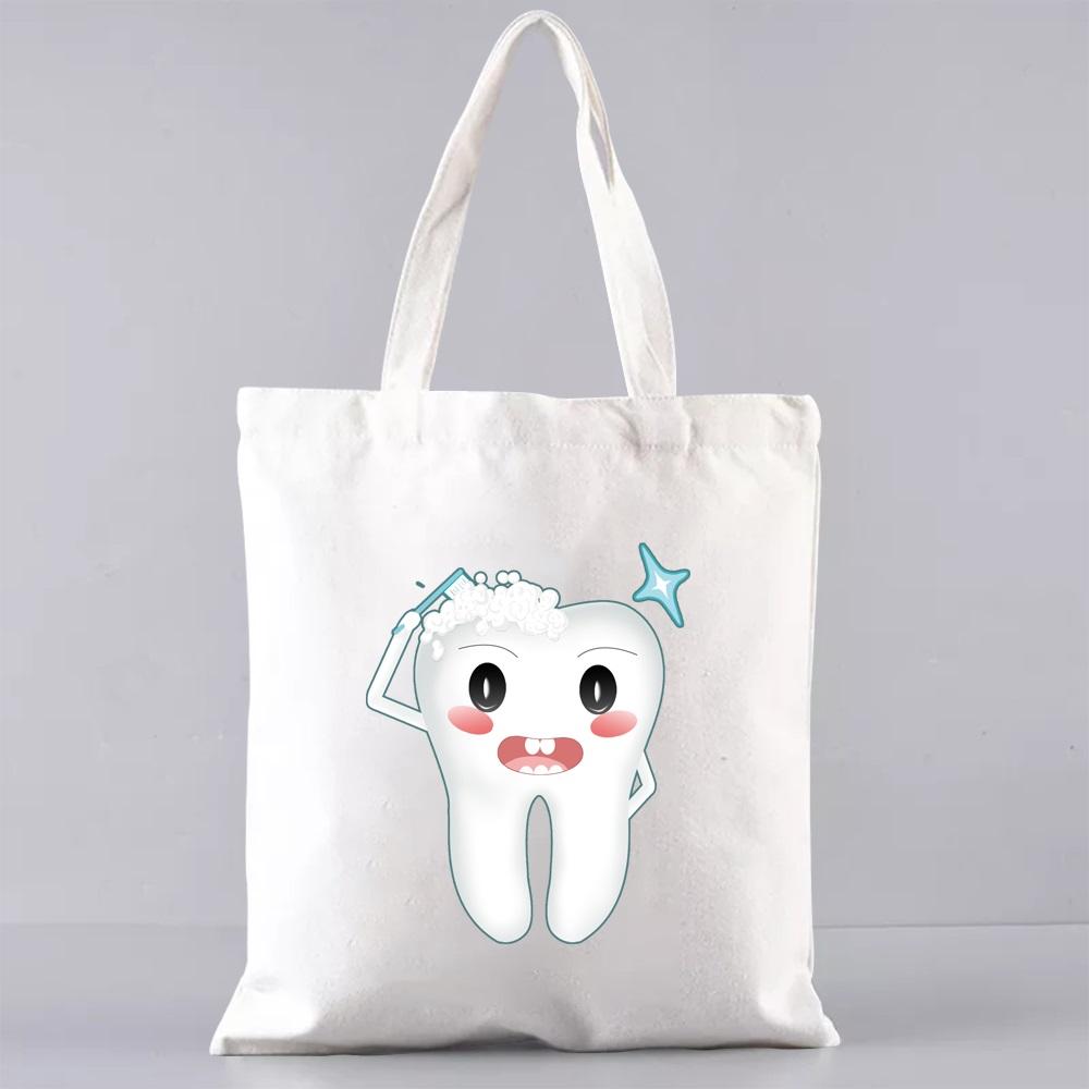 Shopping Bags for Groceries Eco Shoulder Bag  Women Handbags Shopper Reusable Large Capacity Students Books Bag Teeth Pattern