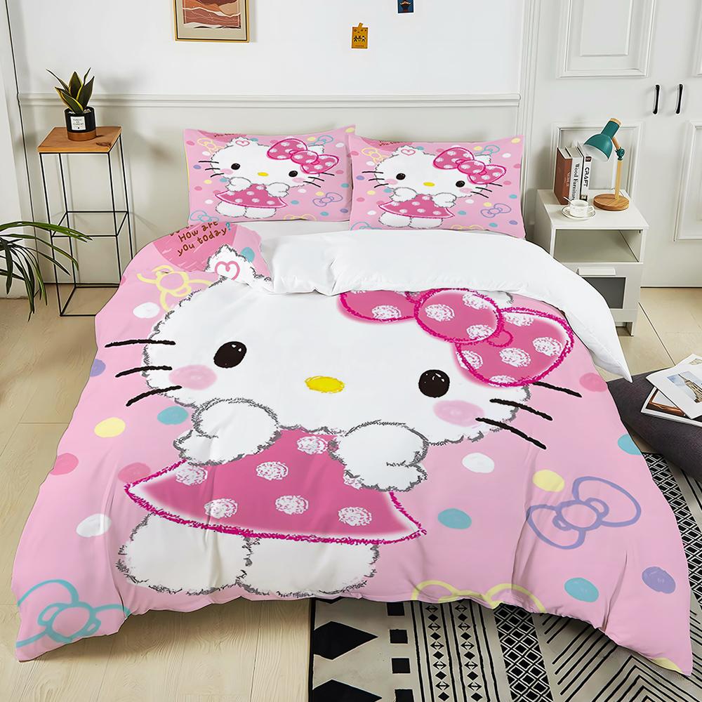 Cute Sanrio Friends Print Bedding Sets Hello Kitty Melody Cinnamoroll Bed Cover Duvet Cover Pillow Case 2-3 Pieces Sets