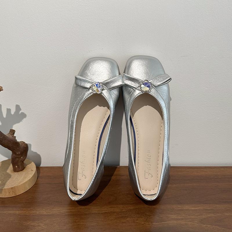 

Модные французские нежные 2025 туфли Мэри Джейн с бантом и стразами для женщин, мягкие балетки слипоны, одинарные 35