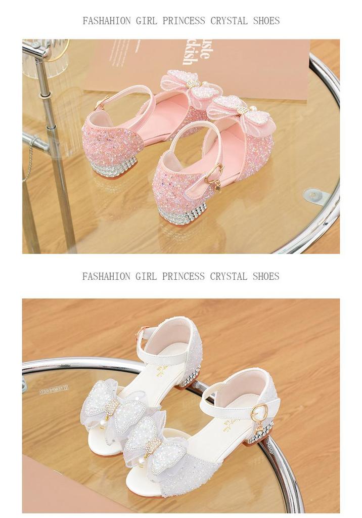Girls' High-Heeled Crystal Sandals with Rhinestone Bow - Soft Sole Princess Shoes for 2026 Summer Performances
