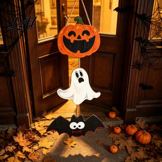 Ghost Festival Celebration Decor Halloween Wooden Hanging Ornament Jack-o'-Lantern Bat 3-Tier String Door Hanger Cute Rustic Pendant for Home