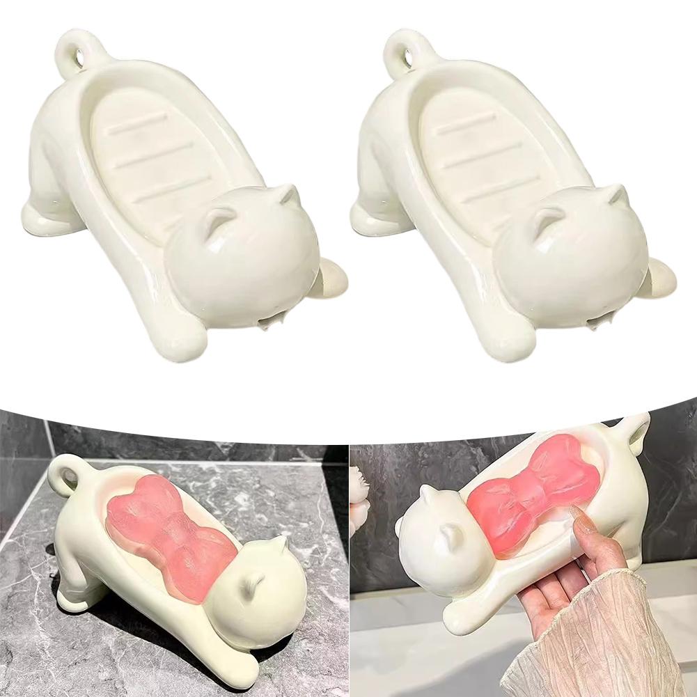 White Drainage Soap Dish Drainage Soap Dish Container Cat Design Toilet Soap Dish Drainage Feature Easy To Clean