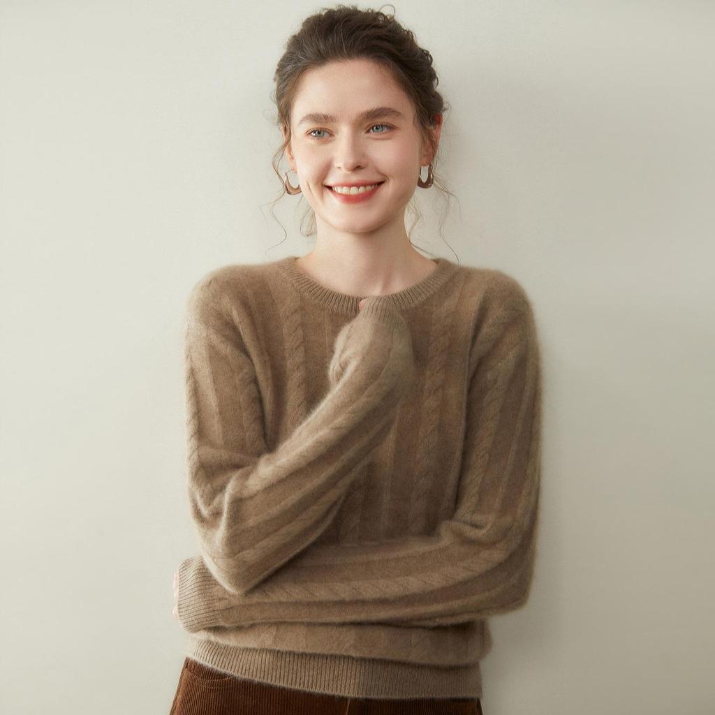 Maglione da donna in cashmere a girocollo: Lavorazione a treccia spessa, Morbido cashmere di capra, Ideale per Autunno/Inverno.