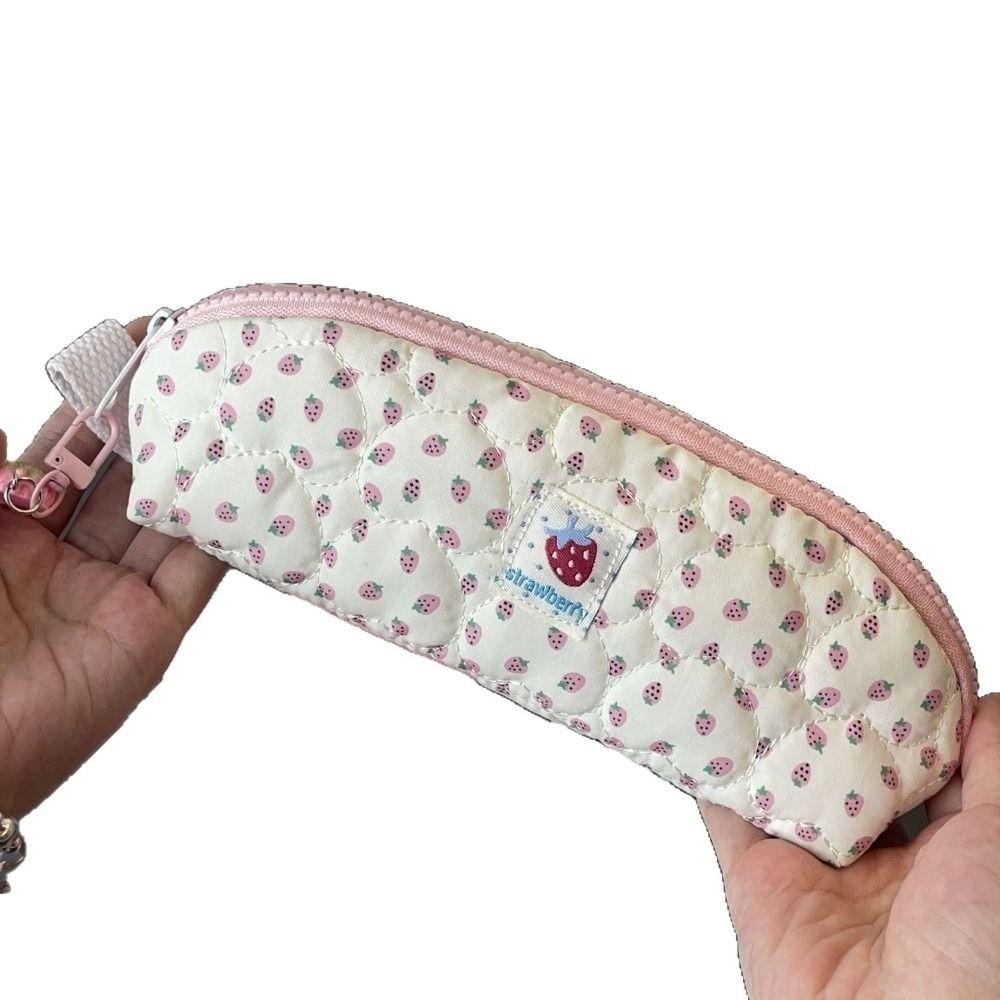 Pink Strawberry Print Stationery Bag with Strawberry Pendant Cosmetic Storage Bag Students Gift