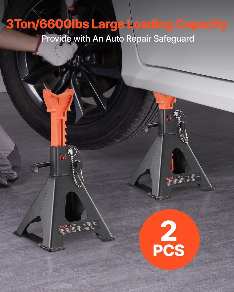 Jack Stands, 3 Ton (6,600 lbs) Capacity, 275-415 mm Adjustable Height, Heavy Duty Steel Jack Auto Stands with Double Locking, for Lifting SUV, Pickup,