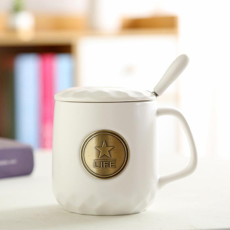 Ceramic Coffee Mermaid Copper Stamp Xingba Wind Ceramic Cup With Lid Spoon