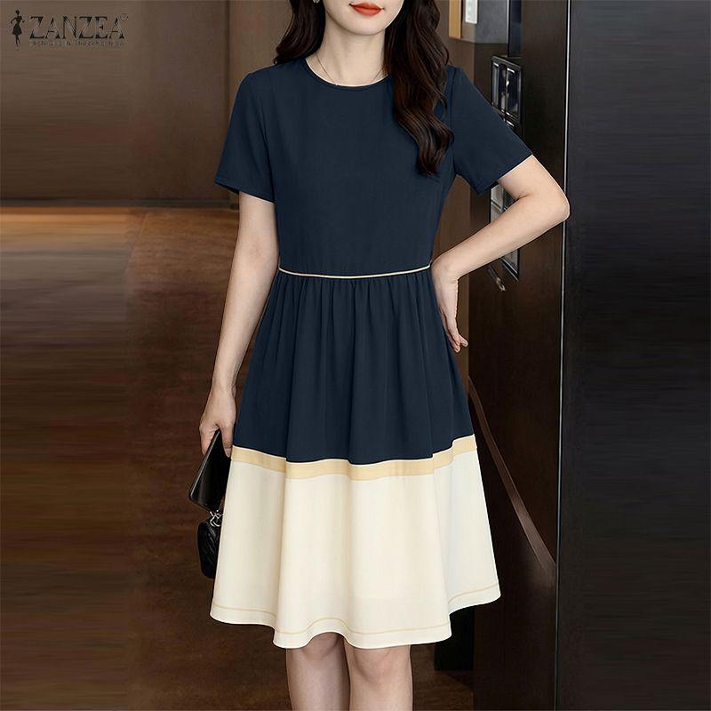 ZANZEA Women Casual Round Neck Loose Short Sleeve Patchwork Dress