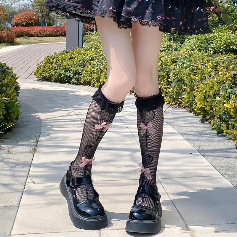 Sweet Lolita Lace Trim Calf Socks Womens Bow Tie Student JK Fishnet 1 Pair Great for School Uniforms and Events