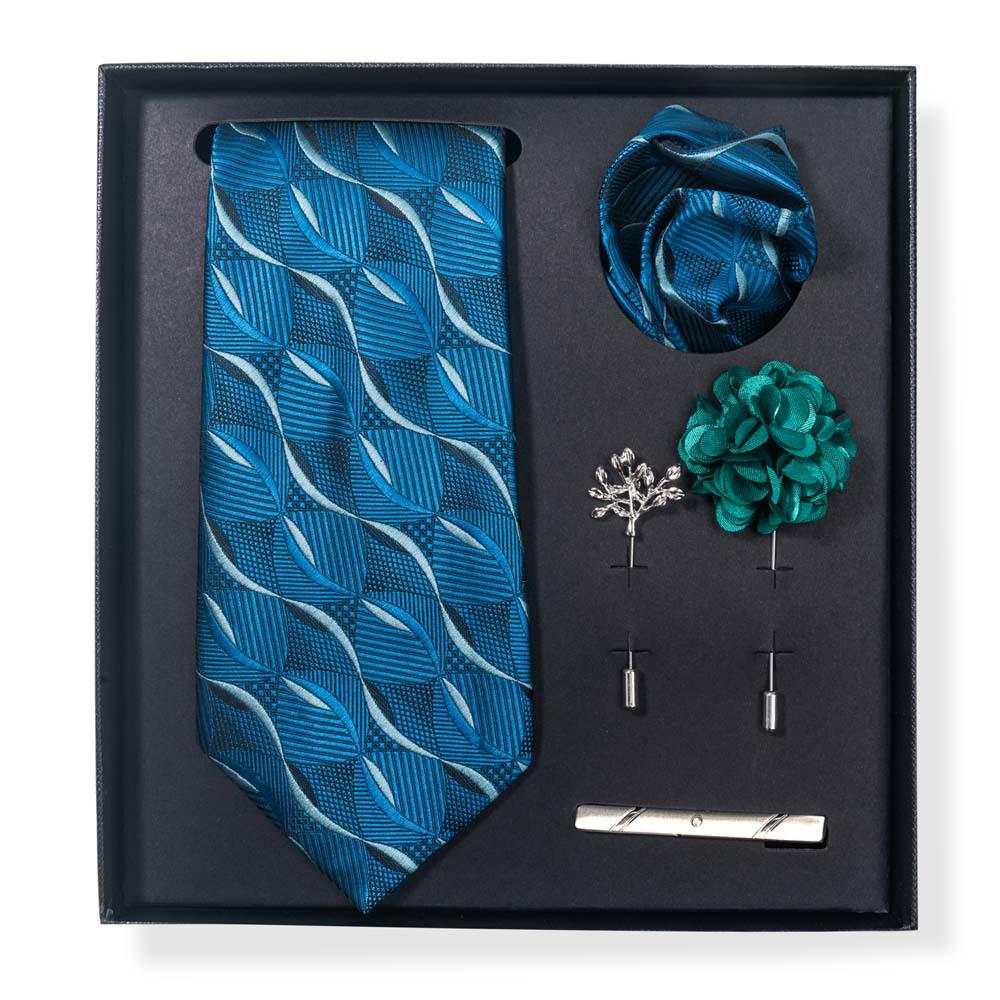 Paisley-Blumen-Krawatten-Geschenkset: Enthält Krawatte, Einstecktuch, Manschettenknöpfe, Ansteckblume und Krawattennadel in einer sechsteiligen Schachtel
