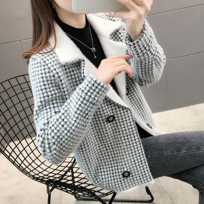 Mink Fleece Women's Coat Knitted Short Style New Spring, Autumn, Winter Plaid Wear Set Suit Collar