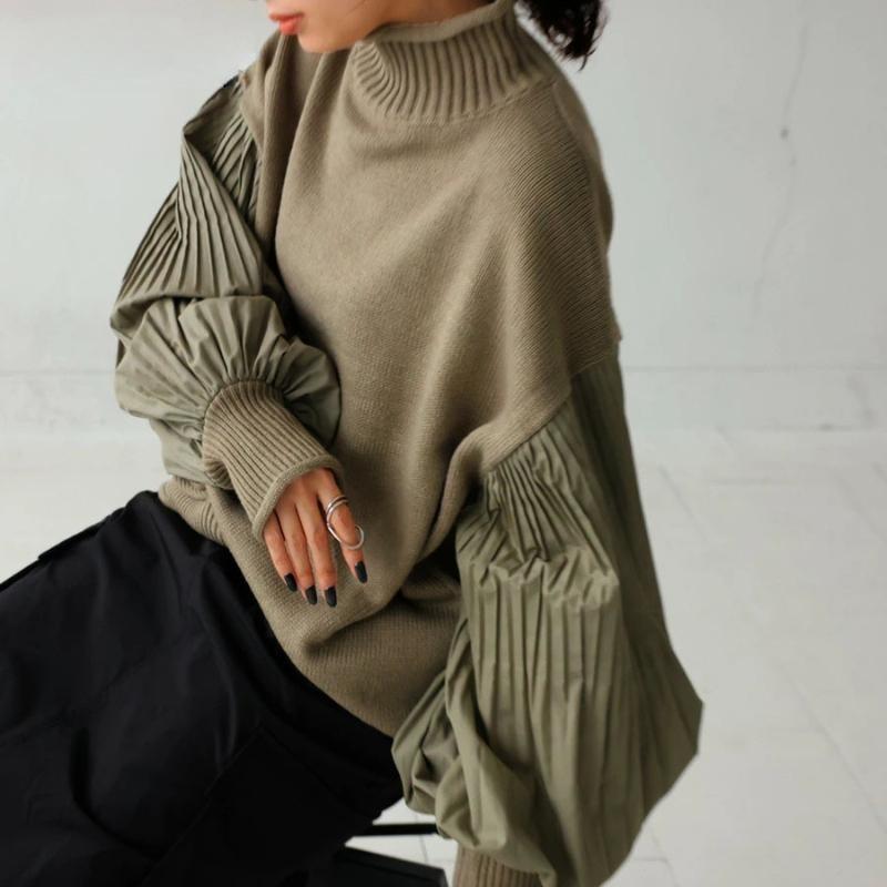 

Корейская мода осень зима женский стильный свитер водолазка черный хаки пэчворк повседневный свободный пуловер рукав-фонарик женский свитер One Size горчичный