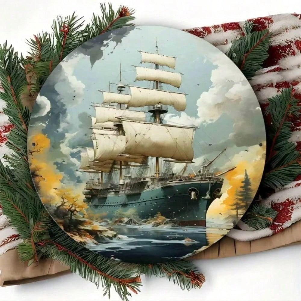 Vintage Storm Ship Metal Sign Round Nautical Wall Decor Waterproof Bar Pub Man Cave