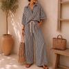 Women Striped Collar Button Down Shirt Three Quarter Sleeve Top Elastic Waist Casual Pants Two Piece Set Loose Fit Lightweight Fabric