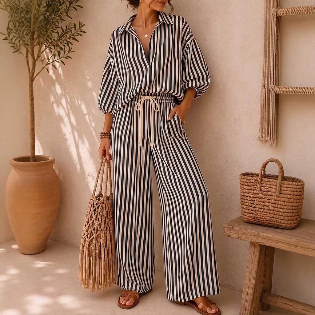 Women Striped Collar Button Down Shirt Three Quarter Sleeve Top Elastic Waist Casual Pants Two Piece Set Loose Fit Lightweight Fabric