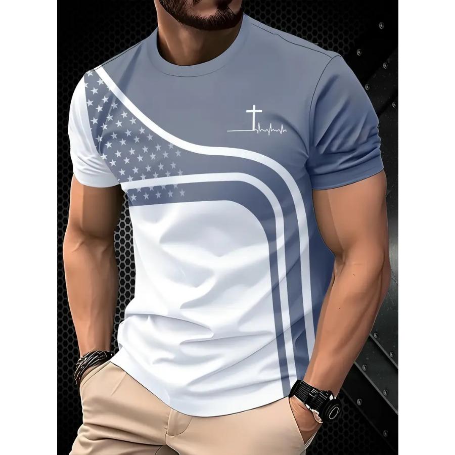 Men Casual Graphic T-Shirt - Black & White Abstract Design, Short Sleeve, Round Neck  Stretchy Summer, Streetwear Style, Everyday Comfort Tee