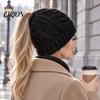 Easy Match Winter Cap Women's Ponytail Beanies, Warm Cable Knit Hat with Practical Gift for Her Hole, Thick Acrylic Outdoor Cold Weather Skull Ladies