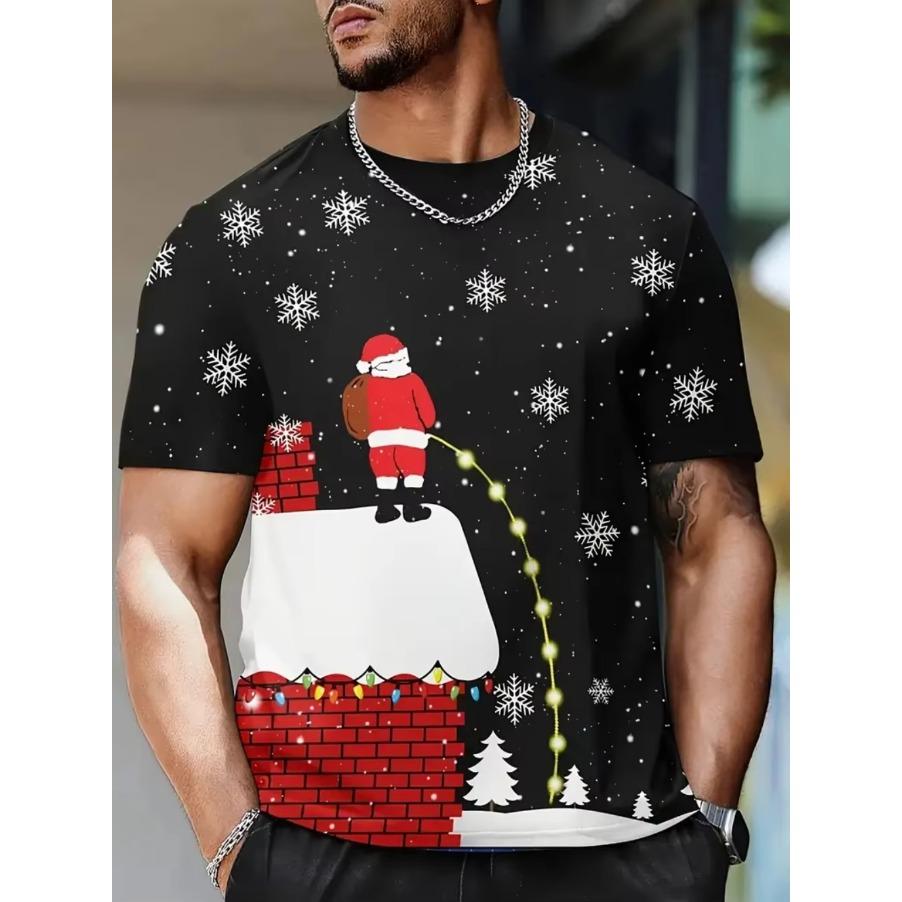 Funny Men's T-Shirts Santa Claus Christmas Oversized Short Sleeve with Snowflakes Print Red Casual O-Neck Outfit Men Clothing