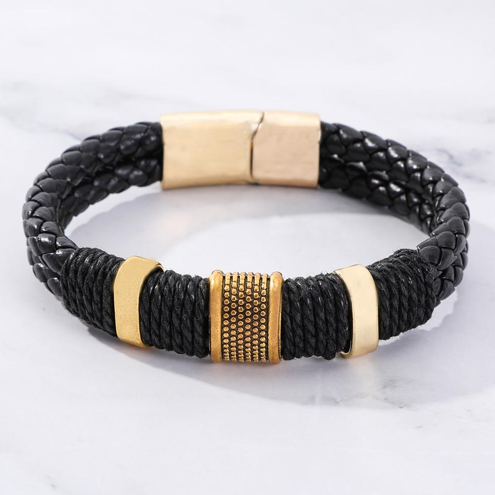 Leather Woven Bracelet Double-Layer Retro Trendy Punk Minimalist Texture Magnetic Buckle Men's Women's Bangle Couple Jewelry