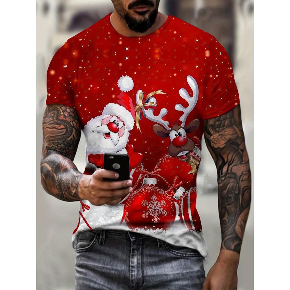 Christmas Reindeer 3D Print Men's T-Shirt Summer Casual Round Neck Short Sleeve Top Fun Santa Claus