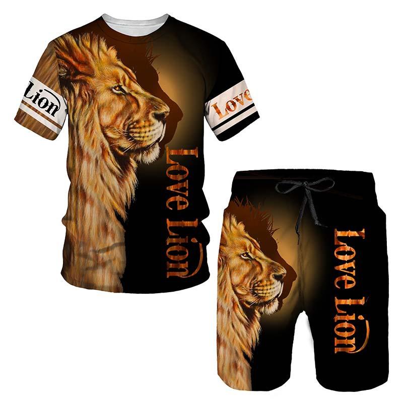 Mode 3D Imprimé Lion Vêtements de Sport Homme Ensemble 2 pièces Été T-shirt Short